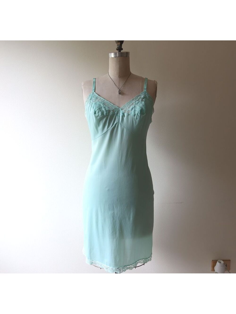 Vintage Kayser Aqua Blue Green Nylon Lace Trim Slip Dress Small Made in USA